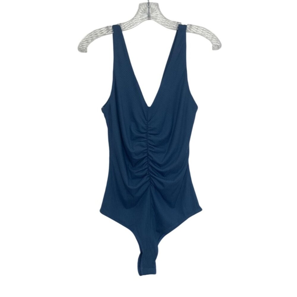 Peach Love Deep VNeck Bodysuit Ruched Ribbed Medium Slate Blue New WOT